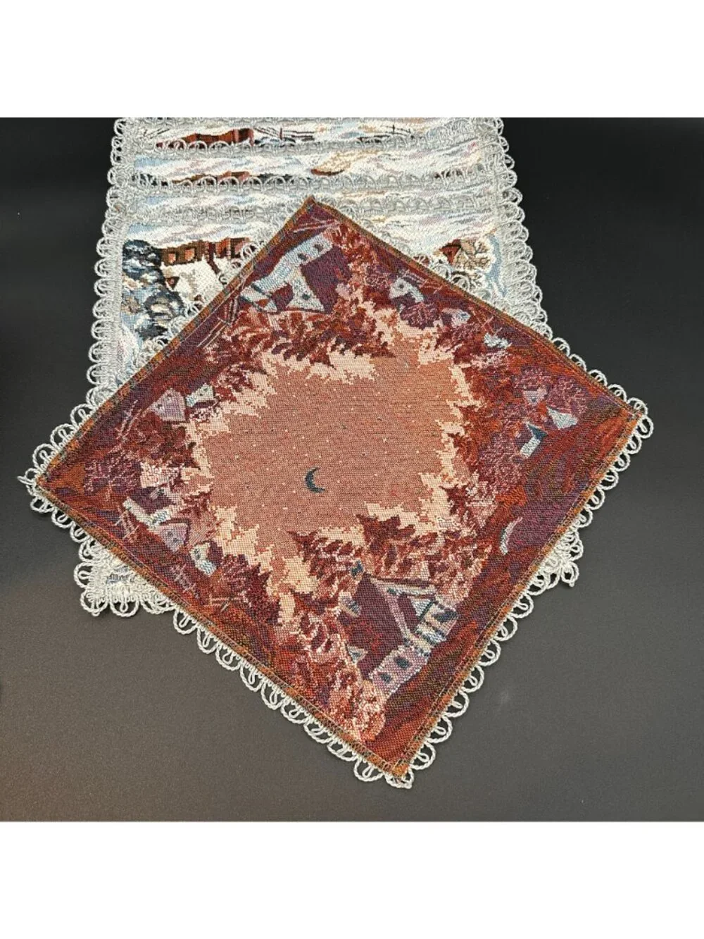 6 Christmas Holiday Village Blue White Woven Tapestry Placemats Russian VNC